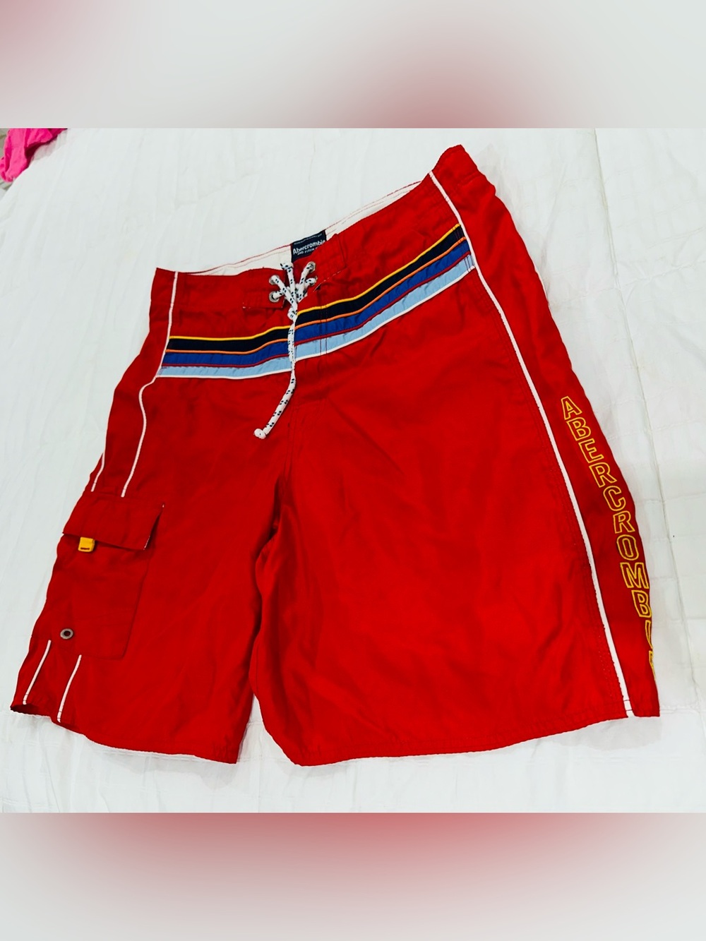 Abercrombie & Fitch Red Men’s Swim Board Shorts with Striped Waistband
